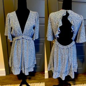 Open back, blue dress